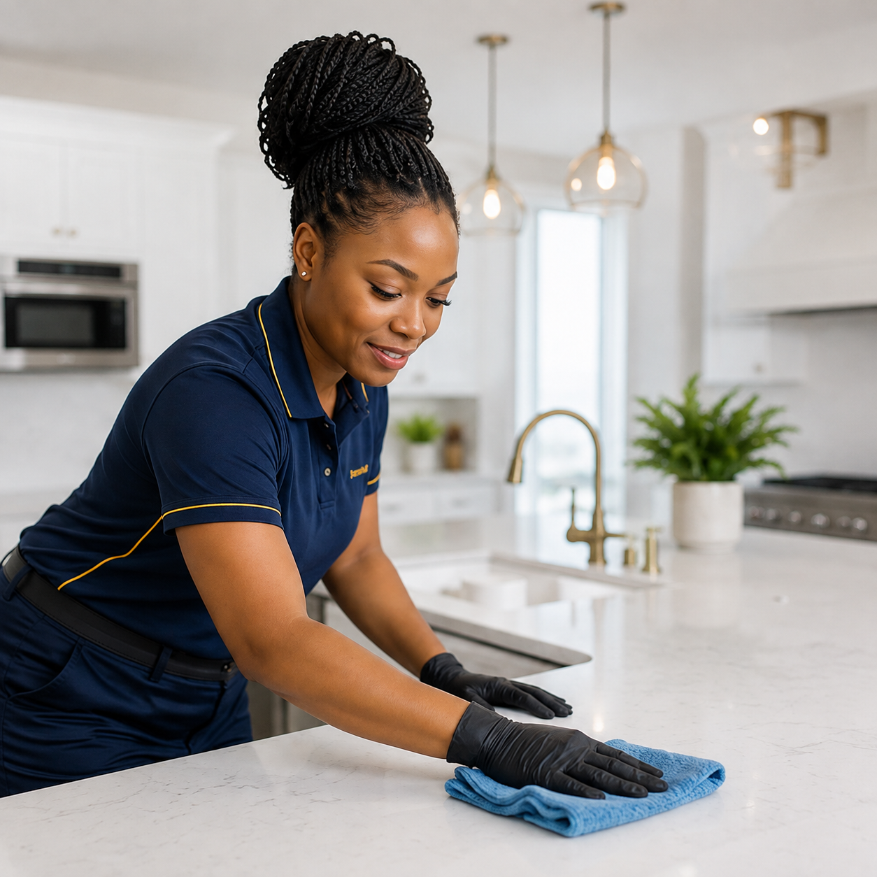 A cleaning professional wiping down a kitchen countertop