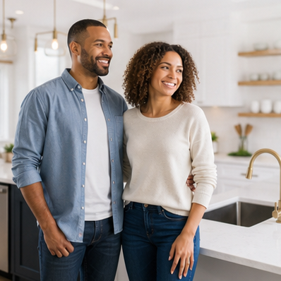 A couple in their newly cleaned kitchen
